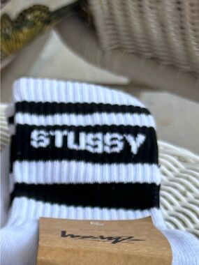 Stussy Kids Black & White Striped Logo Crew Socks